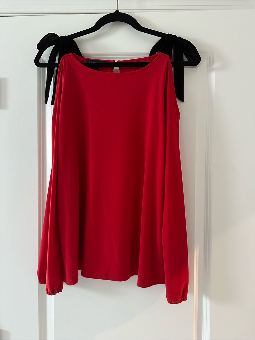 INC International Concepts Red Cold Shoulder Top with Black Velvet Strap Detail